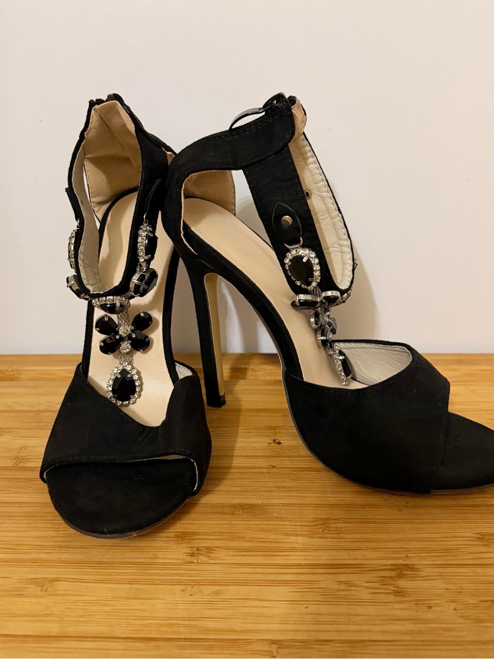 Black Embellished T-Strap High Heel Sandals - Women